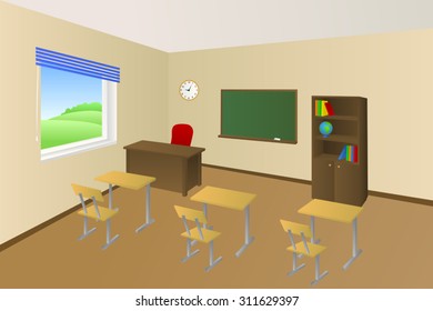 School classroom beige education table chair cabinet window illustration vector