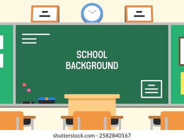 School classroom blackboard background. Cartoon style flat vector illustration. 