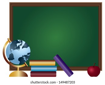 School Classroom Chalkboard Blank with Textbooks Spinning World Globe and Red Apple Vector Illustration