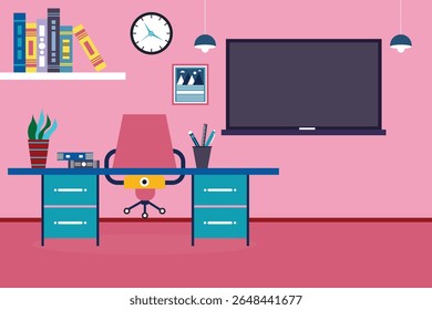 School classroom with chalkboard, clock and teacher's desk. School classroom interior design