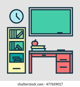 School classroom with chalkboard and desk. Class for education, board, table and study, blackboard and lesson. Vector flat illustration