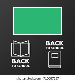 School classroom with chalkboard and desks. 