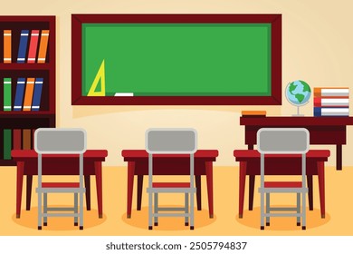 School classroom with chalkboard and desks. Class for education, board, table and study, blackboard and lesson. Back to school kids,education concept