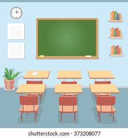 School classroom with chalkboard and desks. Class for education, courses or training