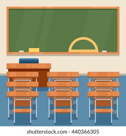 School classroom with chalkboard and desks. Class for education, board, table and study, blackboard and lesson.