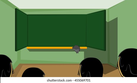 School classroom with chalkboard and desks. Class for education, board, table and study, blackboard and lesson. Vector stock illustration
