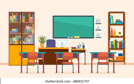 School classroom with chalkboard and desks. Class for education, board, table and study, blackboard and lesson. Interior of modern school class. Workplace. Vector illustration