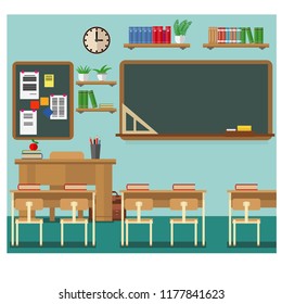 School classroom with chalkboard and desks. Classroom for learning, vector illustration set.