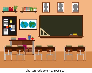 Escolar con pizarra y escritorios. Aula de aprendizaje, conjunto de ilustraciones vectoriales.