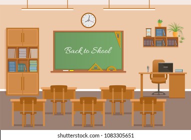 School classroom with chalkboard, student desks clock and teacher's desk. School class room interior design.