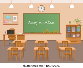 School classroom with chalkboard, student desks and teacher's workplace. School class room interior design