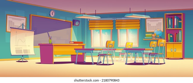 School classroom with chalkboard, teacher desk, tables and chairs. Empty class interior with blackboard, posters on wall and stand, bookcase and globe. Vector illustration in contemporary art style