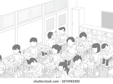 School classroom in class (Monochrome background material for comic books)