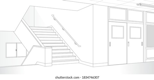 School classroom and Corridor and Stairs / Monochrome background material for comic books