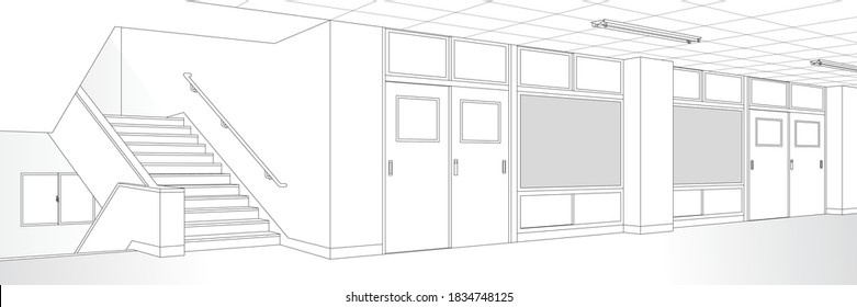 School classroom and Corridor and Stairs / Monochrome background material for comic books