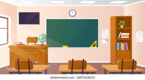 School classroom with desks, chalkboard, teacher's desk, bookshelf and wall clock in a bright, clean environment. Vector illustration