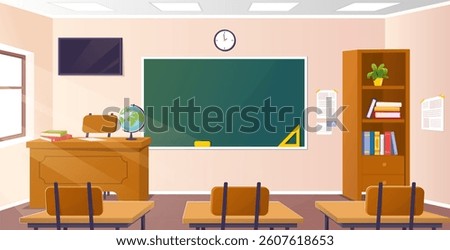 School classroom with desks, chalkboard, teacher's desk, bookshelf and wall clock in a bright, clean environment. Vector illustration