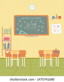 School classroom or educational place, chalkboard and shelf with book. Nobody class, desktop and chair, studying symbol, furniture indoor, blackboard vector. Back to school concept. Flat cartoon