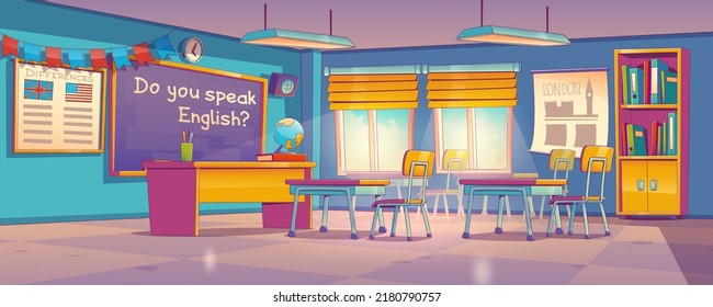 School Classroom For English Language Learning. Vector Illustration Of Empty Education Class Interior With Teacher Desk, Blackboard, Tables, Chairs, Bookcase And Globe In Contemporary Art Style