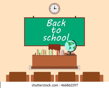 School classroom in flat style. School board on the wall, books on the table. Vector illustration.