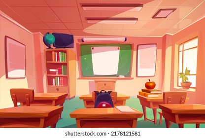 School classroom with green chalkboard, wooden tables and chairs, bookcase, globe and tv. Vector cartoon illustration of empty class interior with white blank poster on blackboard