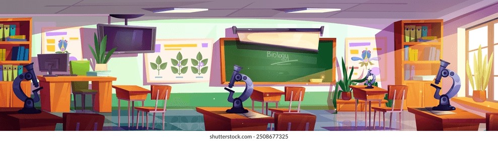 Interior de sala de aula escolar para aprendizado de biologia com mesas de professores e alunos, quadro-negro verde e cartazes na parede, plantas e microscópio de equipamento de laboratório. Vetor de desenhos animados vazio na sala de aula.