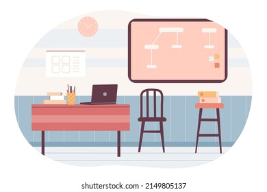 School classroom interior with blackboard. Education background. Colored flat vector illustration.