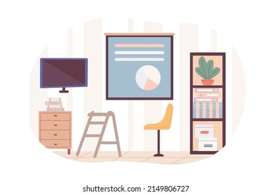 Interior de clase escolar con pizarra. Antecedentes educativos. Ilustración vectorial plana de color.