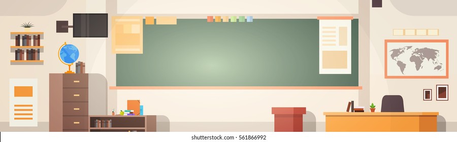 School Classroom Interior Board Desk Banner Flat Vector Illustration