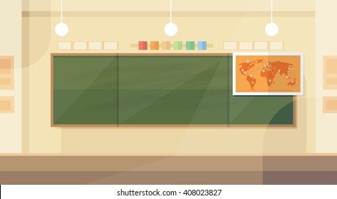 School Classroom Interior Board Map Flat Design Vector Illustration