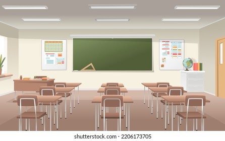 School classroom interior. A bright spacious room with a blackboard and desks for studying science and education. Vector illustration in cartoon style