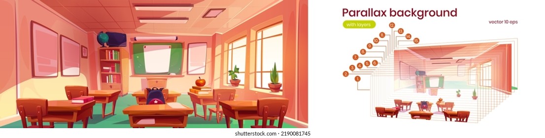 School classroom interior with chalkboard, tables and chairs. Vector parallax background ready for 2d animation with cartoon illustration of empty class room with white poster on blackboard