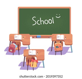 School classroom interior. Class furniture, blackboard, empty chairs, student desks with books, backpacks, supplies. School chalkboard inscription. Education, study, learning, flat vector illustration