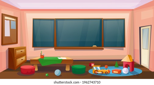 School classroom interior with desk and board for children. Lesson. Table, sofa and toys. Vector cartoon