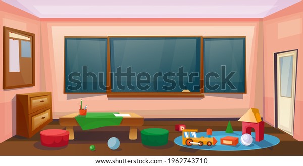 School classroom interior\
with desk and board for children. Lesson. Table, sofa and toys.\
Vector cartoon