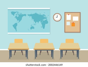 School classroom interior with desks, map behind, back to school concept. Vector illustration in flat style