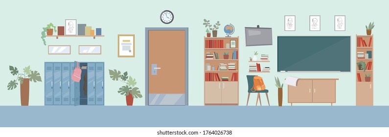 School classroom interior. Editable vector illustration in bright cartoon style for advertising, web, internet promotion. Horizontal background. Educational, school supplies, mathematics room concept