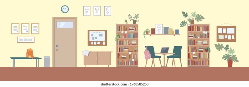 School Classroom Interior. Editable Vector Illustration In Cartoon Style For Advertising, Web, Internet Promotion. Horizontal Background. Educational, School Supplies, Mathematics Room Concept
