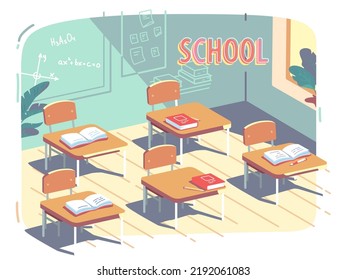 Muebles de interior de aula escolar, sillas, escritorios con libros, bolígrafos. Clase de caricatura, libros de texto, asientos durante el recreo. Educación, estudio, aprendizaje, conocimiento, ilustración vectorial de estilo plano