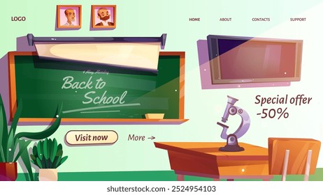 School classroom interior with microscope on table with chair, Back to school sign on green chalkboard, tv and scientists portraits on wall, green plants in pot. Cartoon vector web site page template.