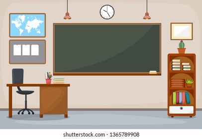 School Classroom Interior Room Blackboard Furniture Flat Design Vector