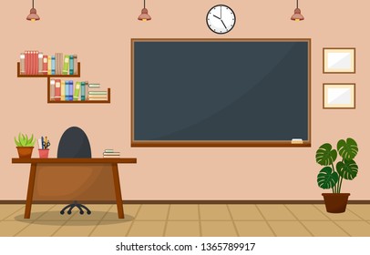 School Classroom Interior Room Blackboard Furniture Flat Design Vector