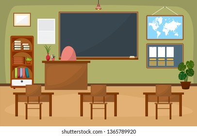 School Classroom Interior Room Blackboard Furniture Flat Design Vector