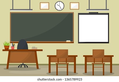 School Classroom Interior Room Blackboard Furniture Flat Design Vector