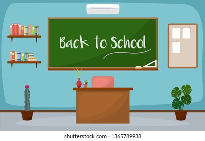 School Classroom Interior Room Blackboard Furniture Flat Design Vector
