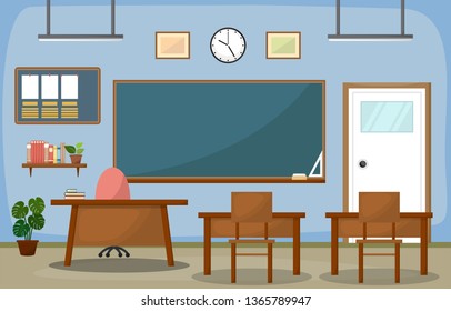 School Classroom Interior Room Blackboard Furniture Flat Design Vector