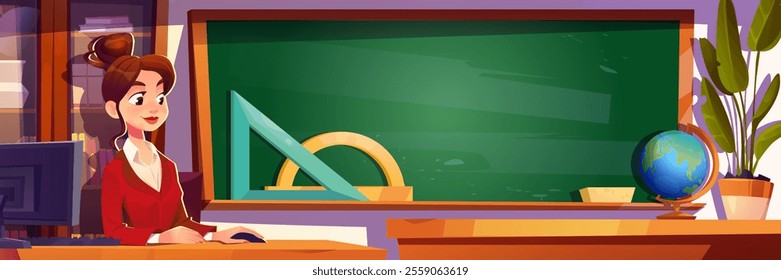 School classroom interior with smiling teacher at wooden desk. Educational scene with green chalkboard, geometric tools, globe. Modern teaching environment with computer monitor, organized workspace.