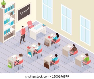 School classroom isometric background with pupils sitting at desks and listen teacher standing near blackboard vector illustration