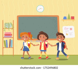 School classroom with kids vector, boy and girl holding hands walking home from lessons. Cheerful students, children in room with blackboard and shelves. Back to school concept. Flat cartoon