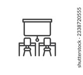 School classroom line icon. Chairs with desk and whiteboard linear style sign for mobile concept and web design. Classroom interior outline vector icon. Symbol, logo illustration. Vector graphics